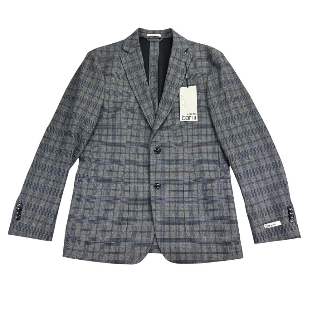 Bar III Mens Slim Fit Knit Plaid Sport Coat Gray 40R